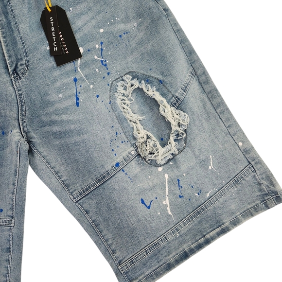 Men’s Distressed Paint Splatter Light Blue Wash Denim Shorts Size 40 - Picture 3 of 11
